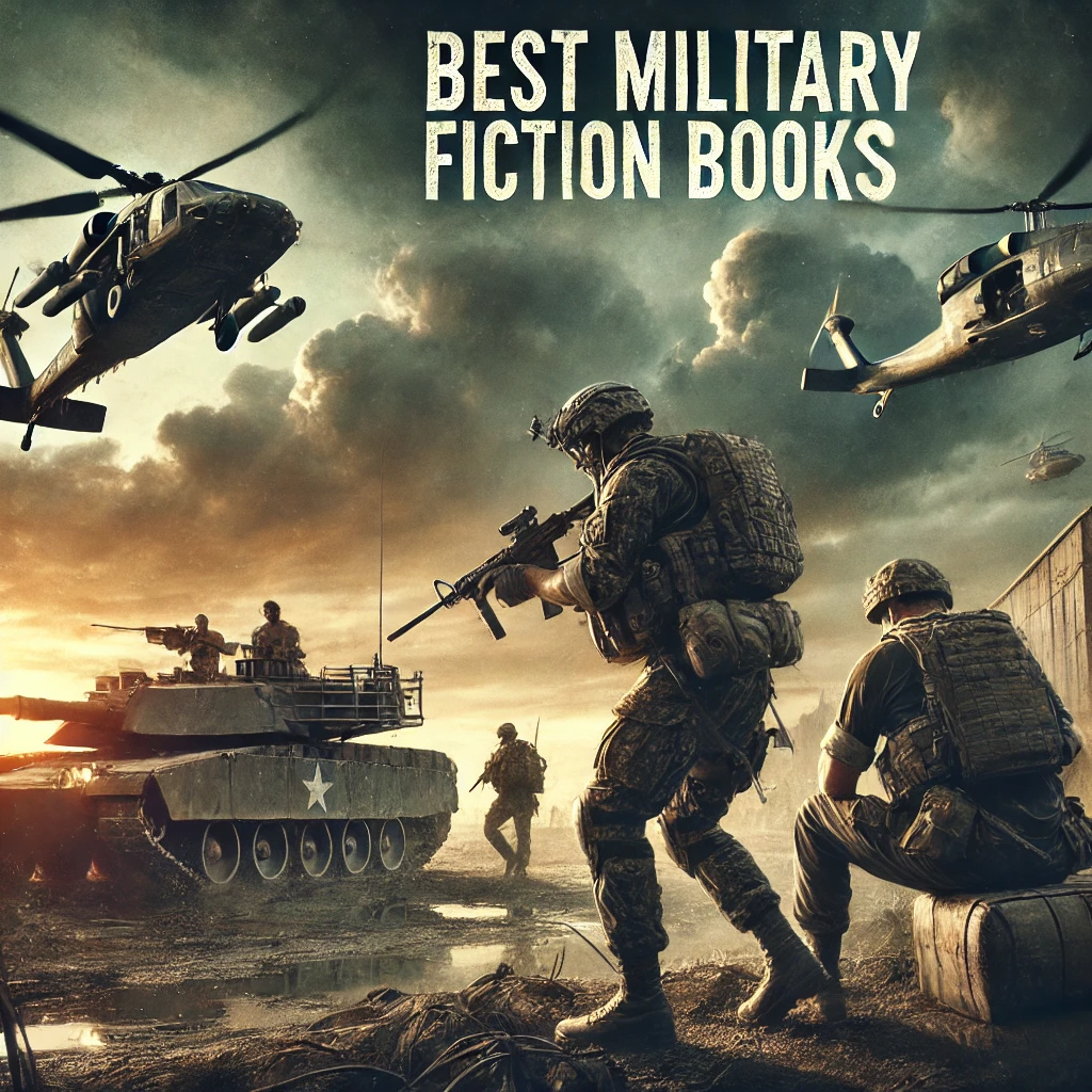 A powerful and intense image promoting the 'Best Military Fiction Books.' The scene features a dramatic battlefield with soldiers in action