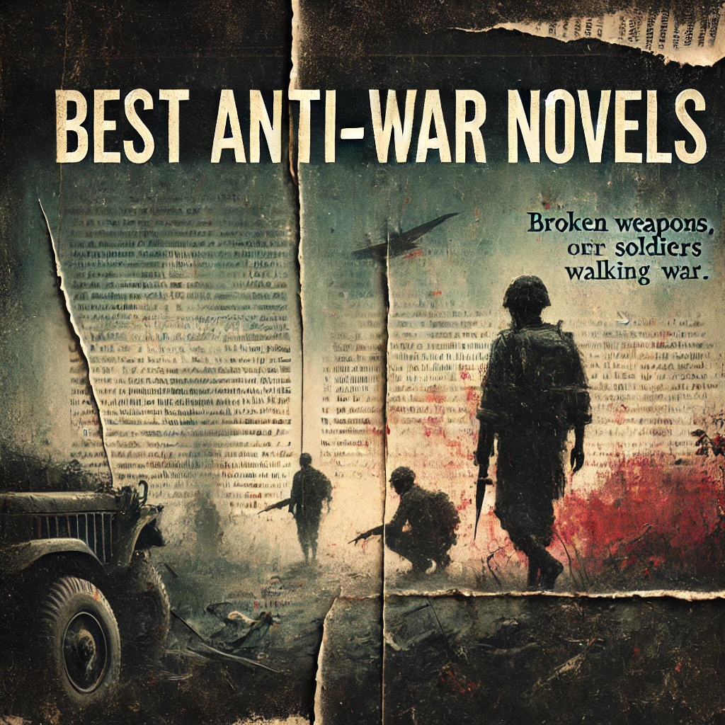 A somber and reflective image promoting 'Best Anti-War Novels'