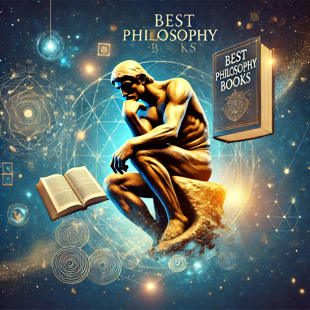 A visually compelling image promoting the 'Best Philosophy Books,' featuring a serene background with abstract representations of deep thinking