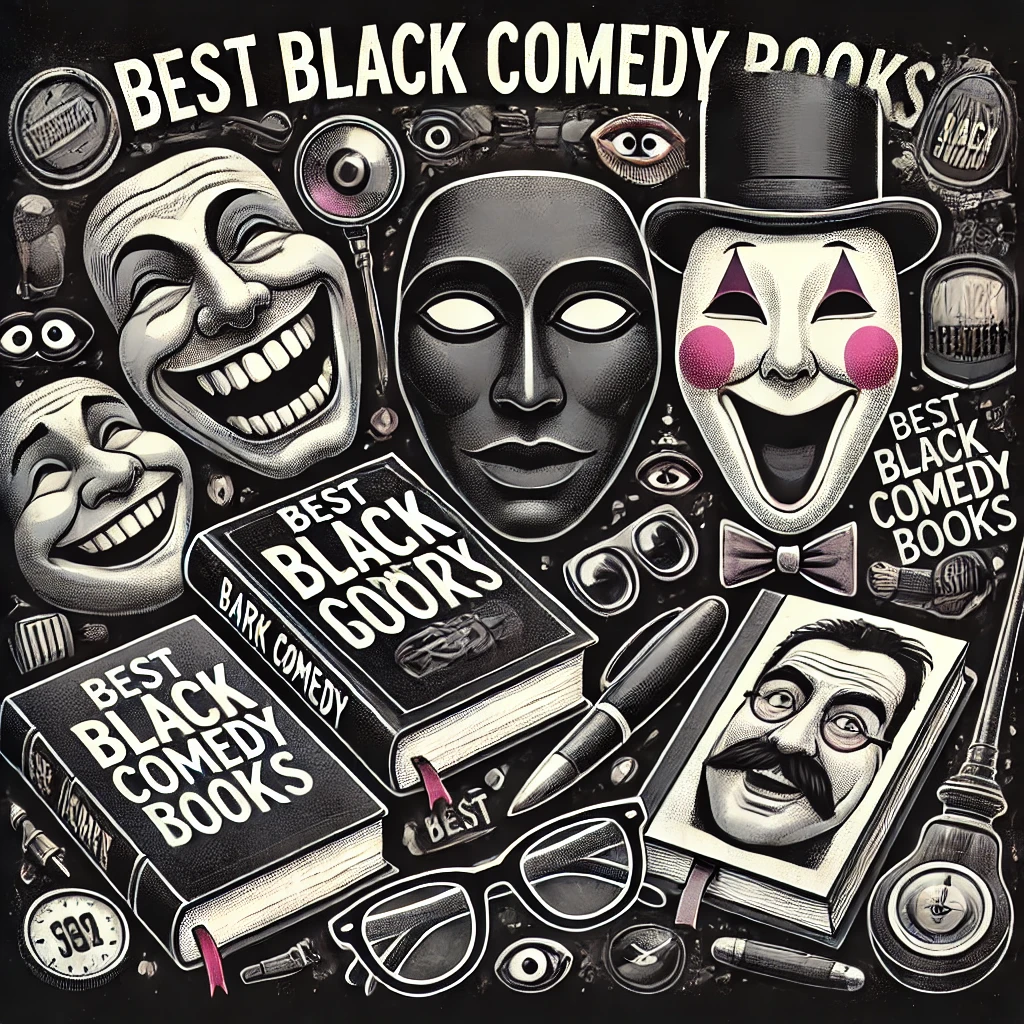 An image for promoting the 'Best Black Comedy Books' featuring a quirky, dark humor theme. The design includes a mix of dark, muted colors